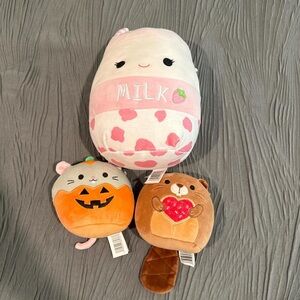 Squishmallows Pink and White Milk Bottle with Orange Pumpkin and Brown Beaver